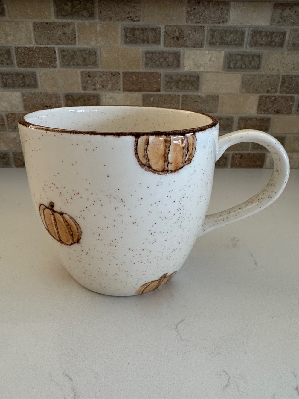 Cream Speckled Ceramic Mug with Pumpkin Accent NWOT